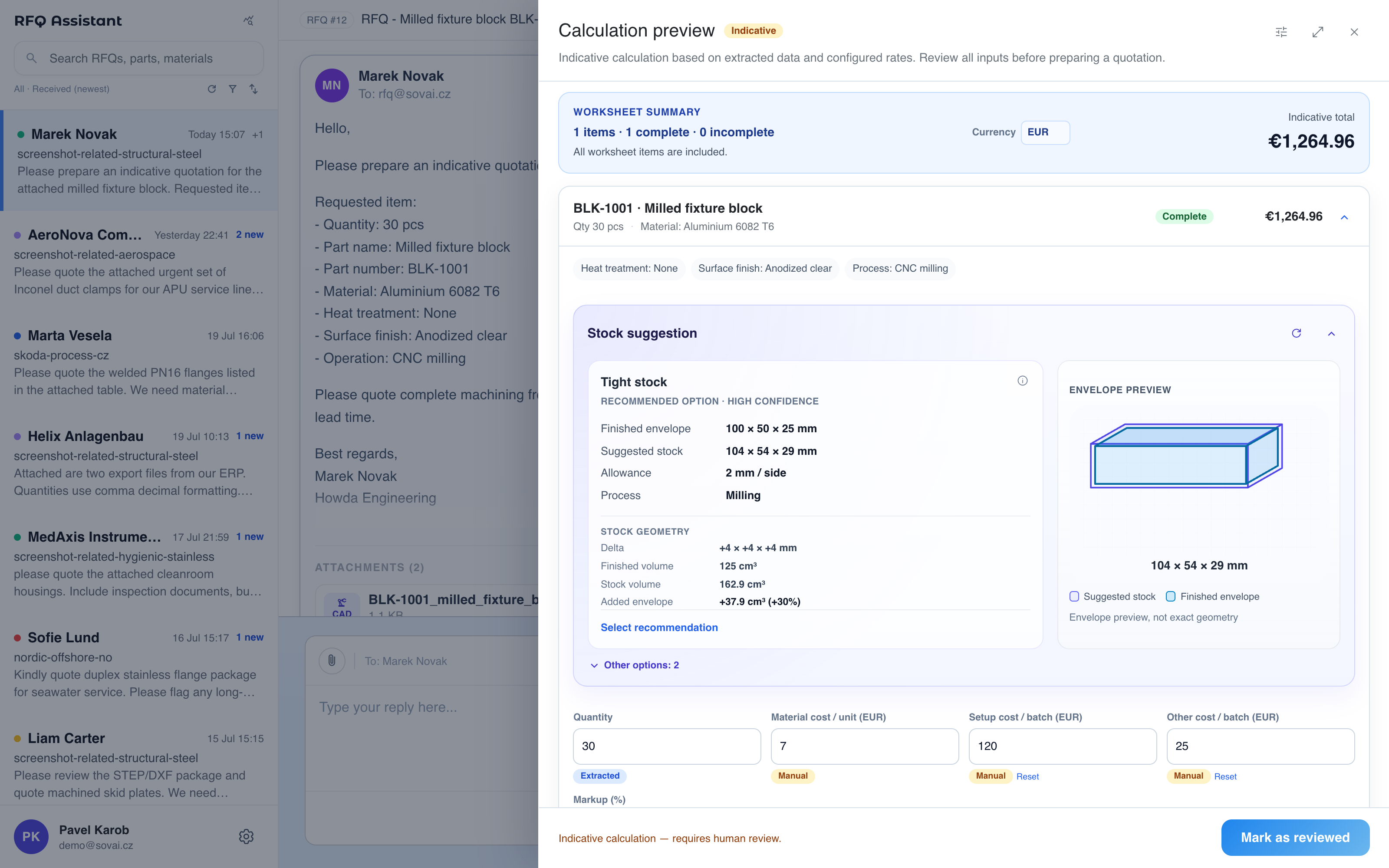 Calculation preview with a stock suggestion and quote preparation inputs