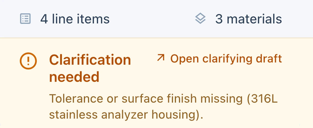 Missing information highlighted in the RFQ Assistant overview