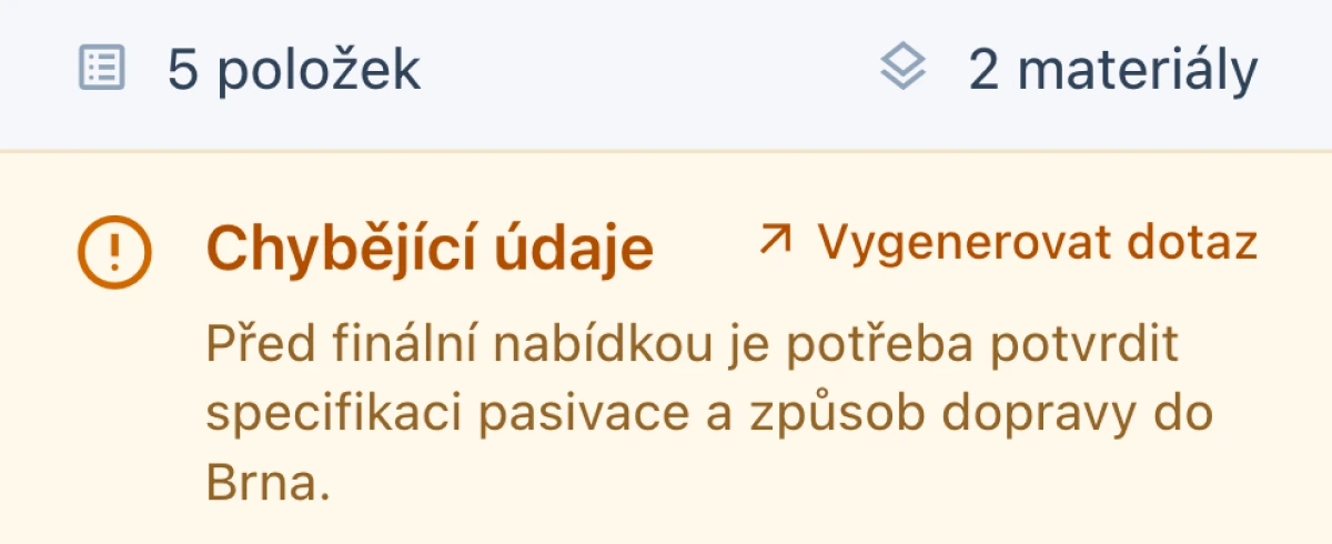 Chybějící údaje v přehledu RFQ asistenta