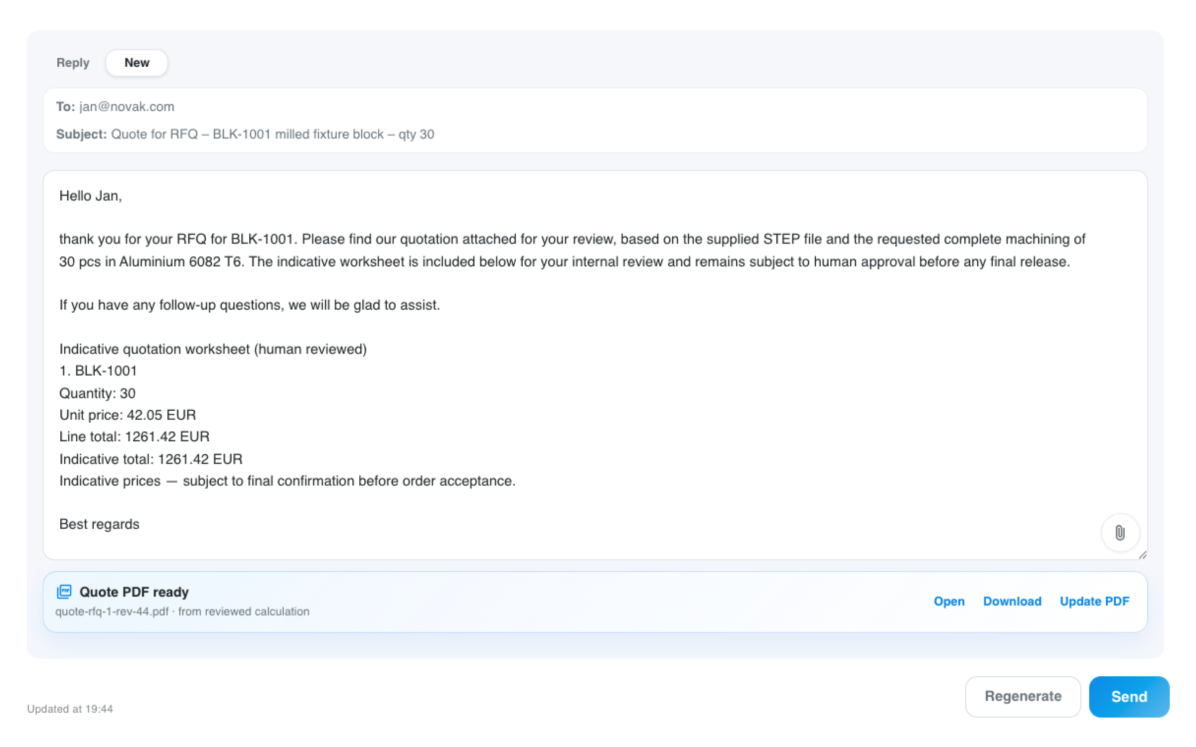 Prepared customer reply with line-item pricing and an attached quote PDF
