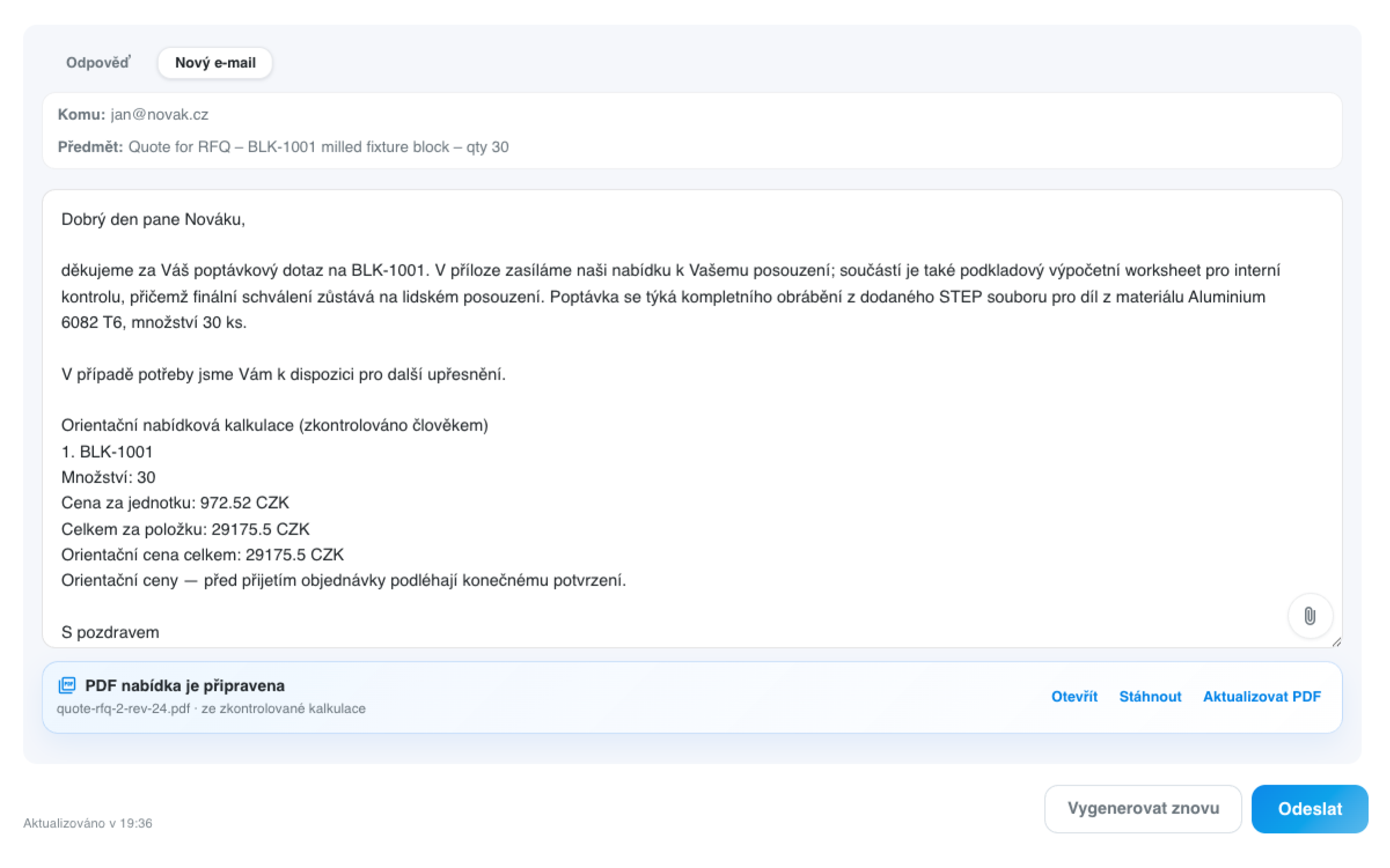 Připravená odpověď s položkovými cenami a přiloženou PDF nabídkou