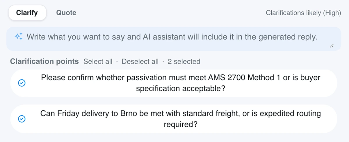 Response drafting mode in RFQ Assistant