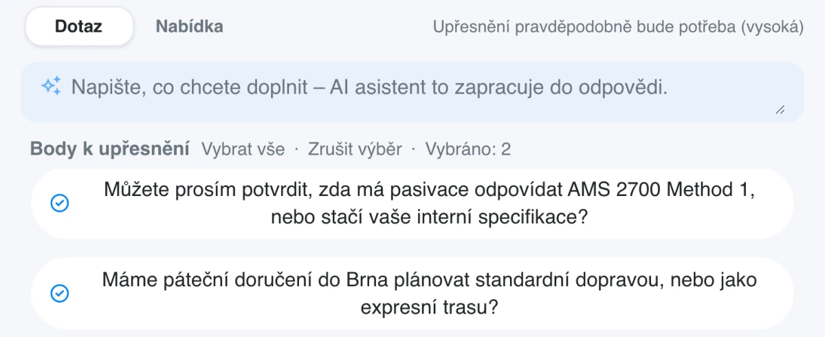 Příprava odpovědi podle režimu v RFQ asistenta